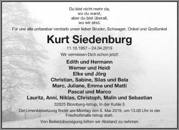 Anzeige  Kurt Siedenburg  Lippische Landes-Zeitung