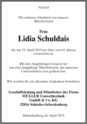 Anzeige  Lidia Schuldais  Lippische Landes-Zeitung