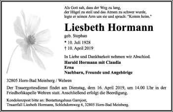 Anzeige  Liesbeth Hormann  Lippische Landes-Zeitung