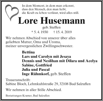 Anzeige  Lore Husemann  Lippische Landes-Zeitung