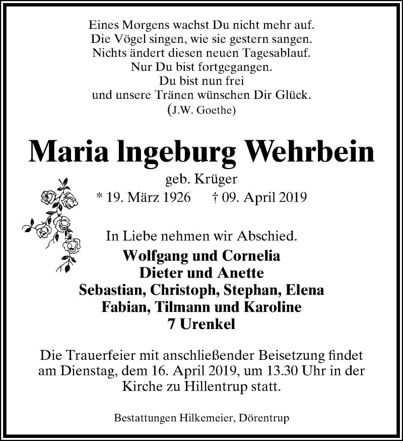  Traueranzeige für Maria lngeburg Wehrbein vom 13.04.2019 aus Lippische Landes-Zeitung