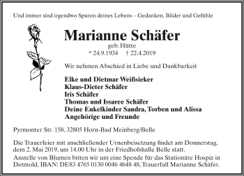 Anzeige  Marianne Schäfer  Lippische Landes-Zeitung