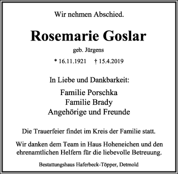 Anzeige  Rosemarie Goslar  Lippische Landes-Zeitung