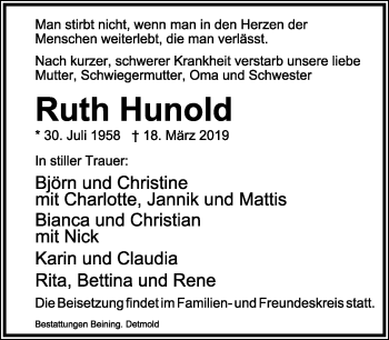 Anzeige  Ruth Hunold  Lippische Landes-Zeitung