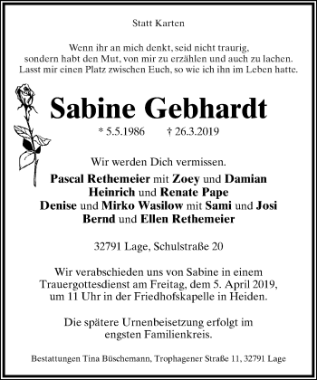 Anzeige  Sabine Gebhardt  Lippische Landes-Zeitung