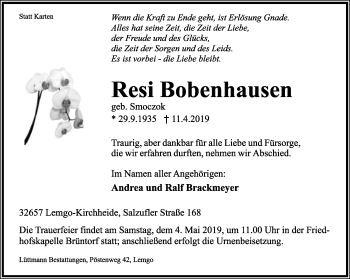 Anzeige  Therese Bobenhausen  Lippische Landes-Zeitung