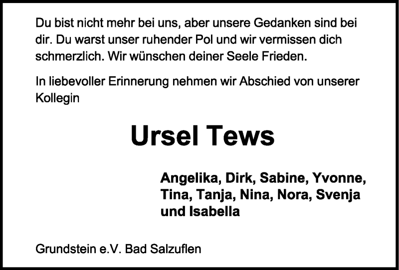  Traueranzeige für Ursel Tews vom 13.04.2019 aus Lippische Landes-Zeitung