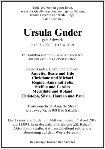 Anzeige  Ursula Guder  Lippische Landes-Zeitung