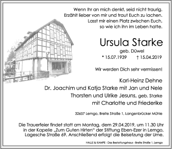 Anzeige  Ursula Starke  Lippische Landes-Zeitung