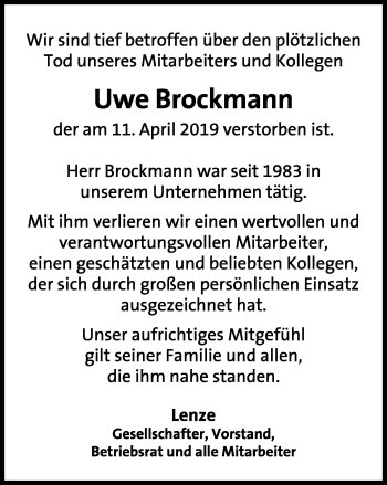 Anzeige  Uwe Brockmann  Lippische Landes-Zeitung
