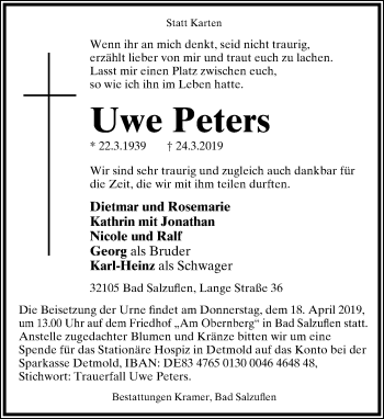Anzeige  Uwe Peters  Lippische Landes-Zeitung