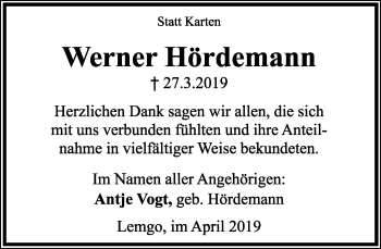 Anzeige  Werner Hördemann  Lippische Landes-Zeitung