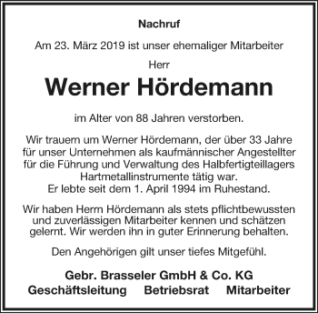 Anzeige  Werner Hördemann  Lippische Landes-Zeitung