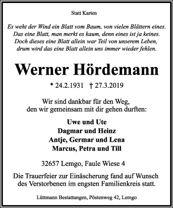 Anzeige  Werner Hördemann  Lippische Landes-Zeitung