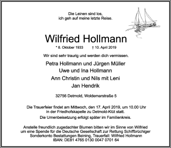Anzeige  Wilfried Hollmann  Lippische Landes-Zeitung