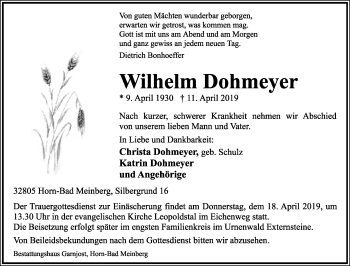Anzeige  Wilhelm Dohmeyer  Lippische Landes-Zeitung