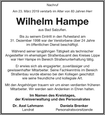 Anzeige  Wilhelm Hampe  Lippische Landes-Zeitung