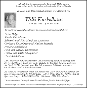 Anzeige  Willi Kückelhaus  Lippische Landes-Zeitung