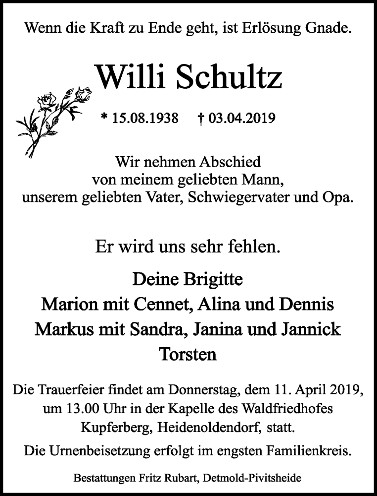  Traueranzeige für Willi Schultz vom 06.04.2019 aus Lippische Landes-Zeitung