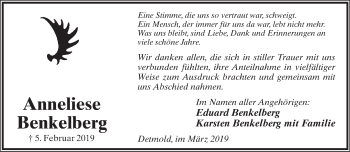Anzeige  Anneliese Benkelberg  Lippische Landes-Zeitung