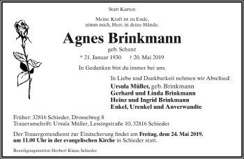 Anzeige  Agnes Brinkmann  Lippische Landes-Zeitung