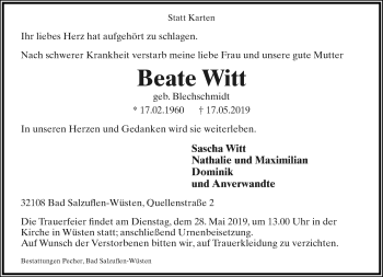 Anzeige  Beate Witt  Lippische Landes-Zeitung
