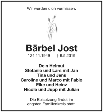 Anzeige  Bärbel Jost  Lippische Landes-Zeitung