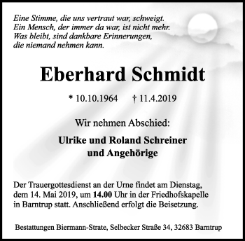Anzeige  Eberhard Schmidt  Lippische Landes-Zeitung