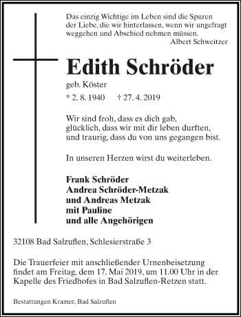Anzeige  Edith Schröder  Lippische Landes-Zeitung