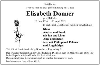 Anzeige  Elisabeth Donner  Lippische Landes-Zeitung