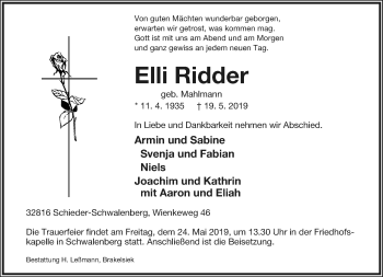 Anzeige  Elli Ridder  Lippische Landes-Zeitung