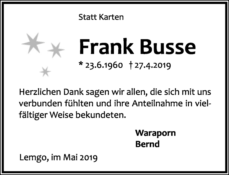  Traueranzeige für Frank Busse vom 16.05.2019 aus Lippische Landes-Zeitung