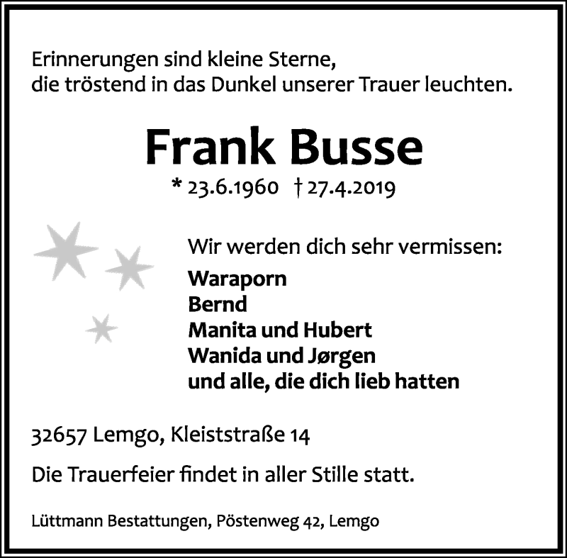  Traueranzeige für Frank Busse vom 01.05.2019 aus Lippische Landes-Zeitung