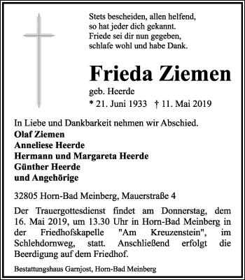 Anzeige  Frieda Ziemen  Lippische Landes-Zeitung