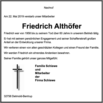Anzeige  Friedrich Althöfer  Lippische Landes-Zeitung