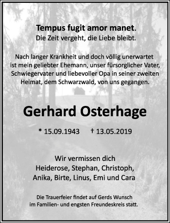 Anzeige  Gerhard Osterhage  Lippische Landes-Zeitung