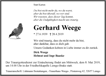 Anzeige  Gerhard Weege  Lippische Landes-Zeitung