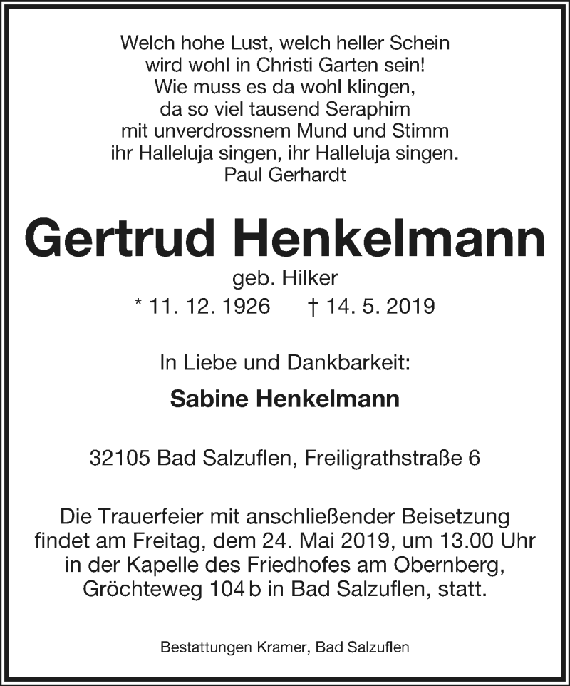  Traueranzeige für Gertrud Henkelmann vom 18.05.2019 aus Lippische Landes-Zeitung