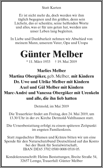 Anzeige  Günter Melber  Lippische Landes-Zeitung