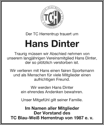 Anzeige  Hans Dinter  Lippische Landes-Zeitung