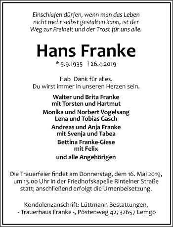 Anzeige  Hans Franke  Lippische Landes-Zeitung
