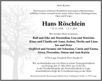 Anzeige  Hans Röschlein  Lippische Landes-Zeitung