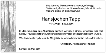 Anzeige  Hansjochen Tapp  Lippische Landes-Zeitung