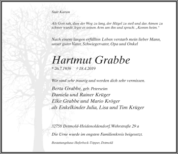 Anzeige  Hartmut Grabbe  Lippische Landes-Zeitung