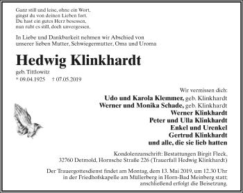 Anzeige  Hedwig Klinkhardt  Lippische Landes-Zeitung