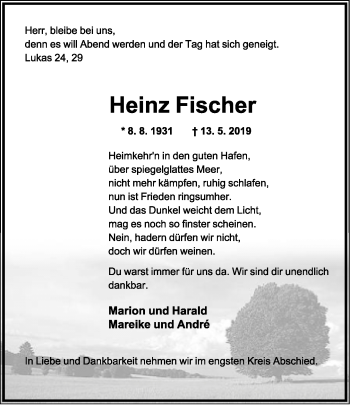 Anzeige  Heinz Fischer  Lippische Landes-Zeitung