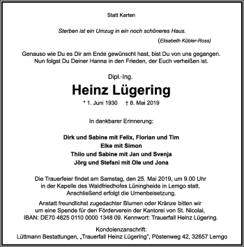 Anzeige  Heinz Lügering  Lippische Landes-Zeitung