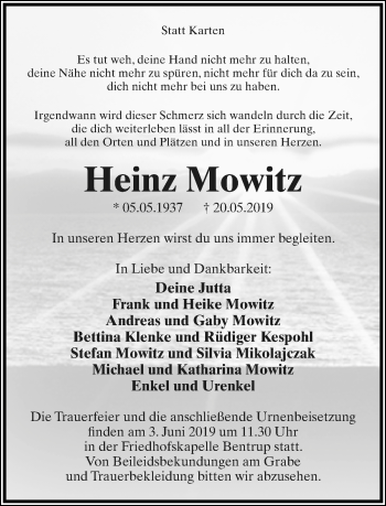 Anzeige  Heinz Mowitz  Lippische Landes-Zeitung