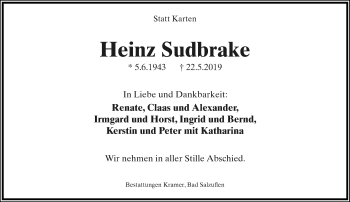 Anzeige  Heinz Sudbrake  Lippische Landes-Zeitung