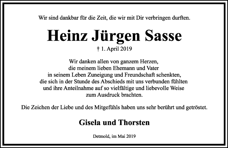  Traueranzeige für Heinz Jürgen Sasse vom 04.05.2019 aus Lippische Landes-Zeitung